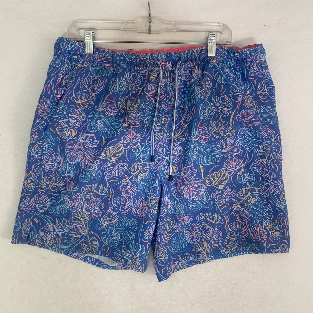 Peter Millar Seaside Swim Trunks Mens Large Blue Floral Monstera Magic Shorts 7"